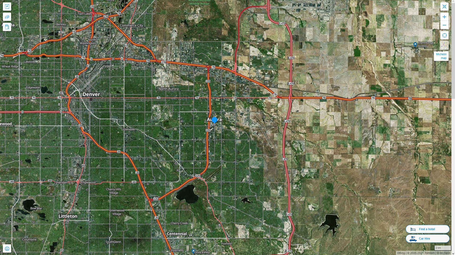 Aurora Colorado Highway and Road Map with Satellite View